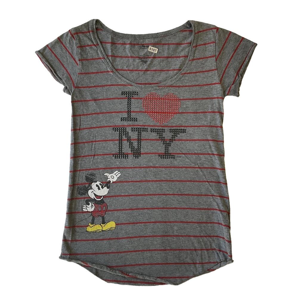 Disney Store Women Shirt XS Gray Striped Logo Scoop Neck Pullover Short Sleeve